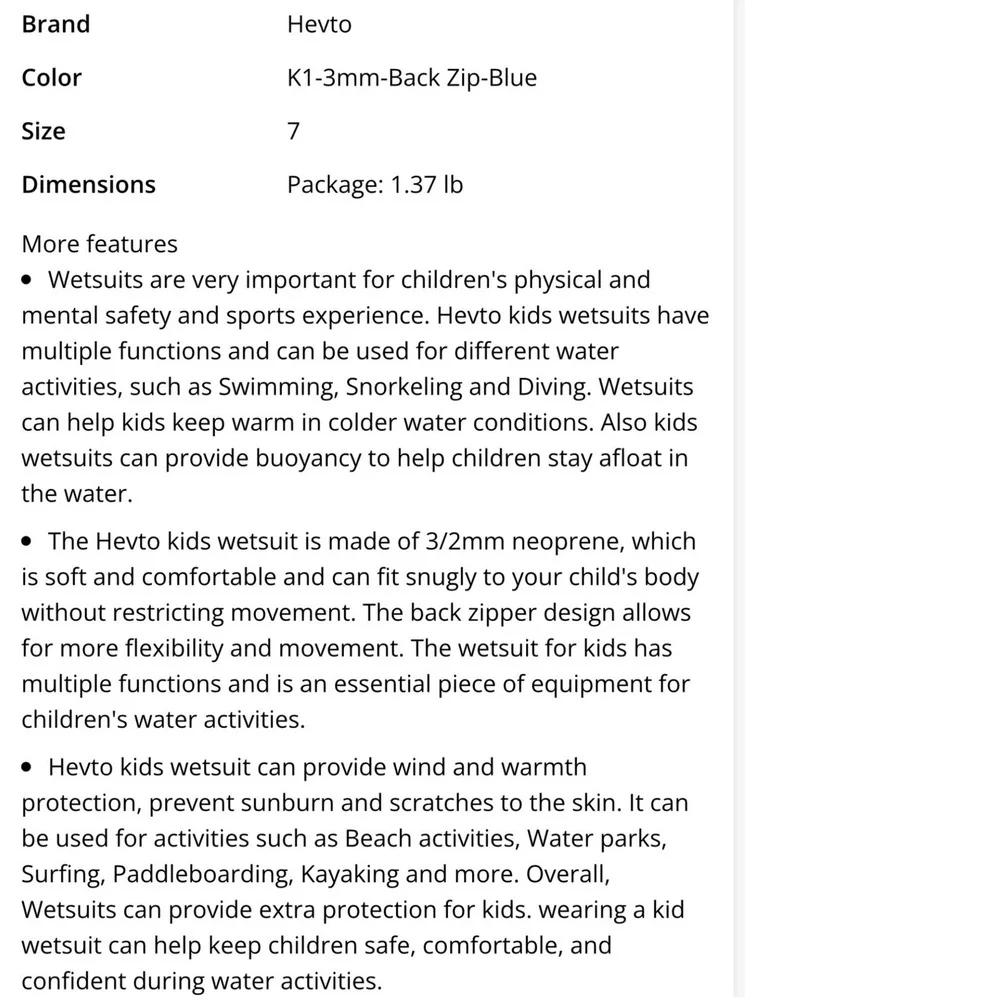 Hevto Wetsuit Kids Size 7 Black Blue Excellent 3mm Neoprene Full Body Back Zip